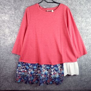 Logo Lounge Tunic Top Womens Large Pink Coral Asymmetrical Colorful Lace Artsy